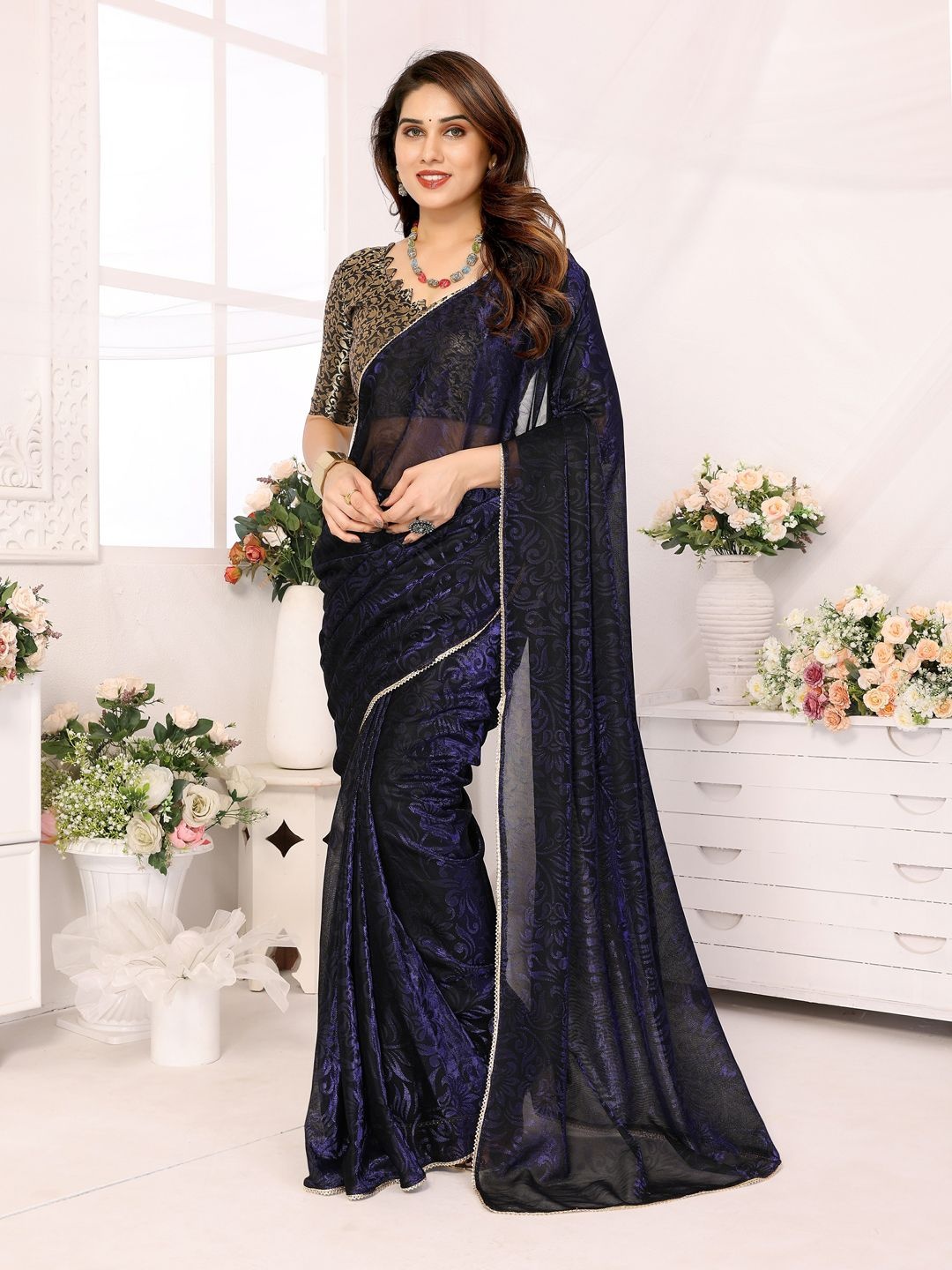 

DIVASTRI Woven Design Pure Silk Ready to Wear Bagh Saree, Navy blue
