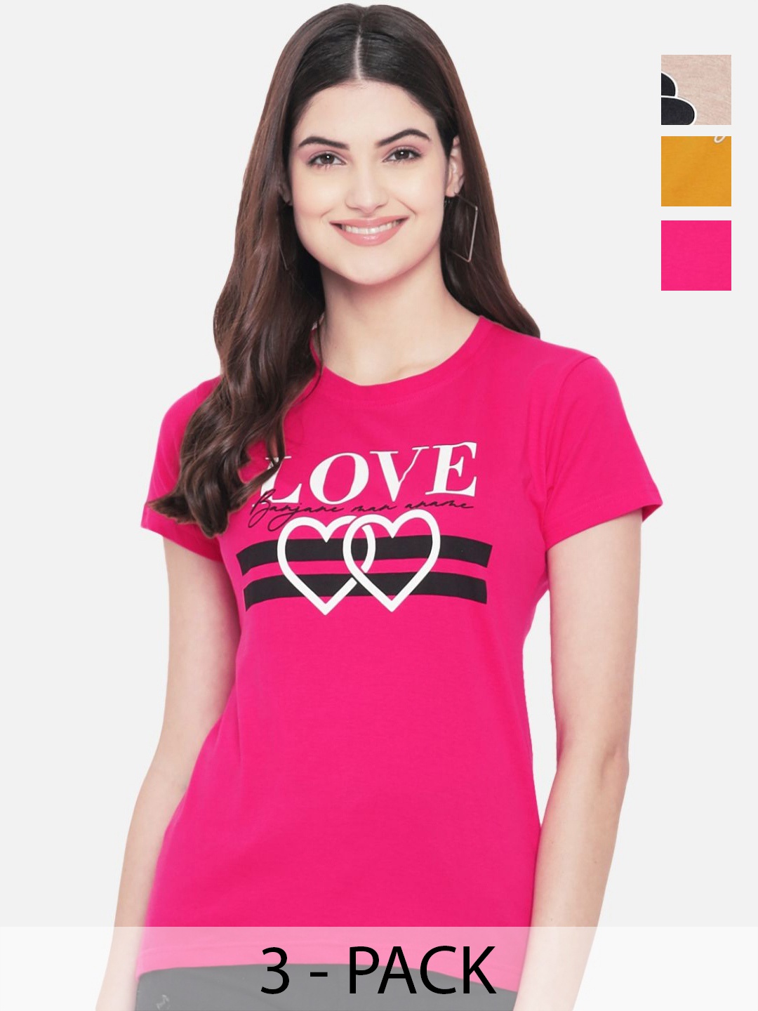 

Dreambe Women Pack Of 3 Typography Printed Round Neck Cotton T-shirts, Pink