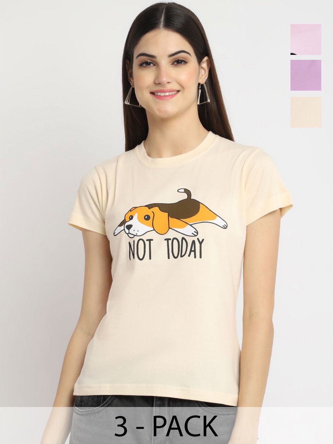 

Dreambe Women Pack Of 3 Typography Printed Round Neck Cotton T-shirts, Beige