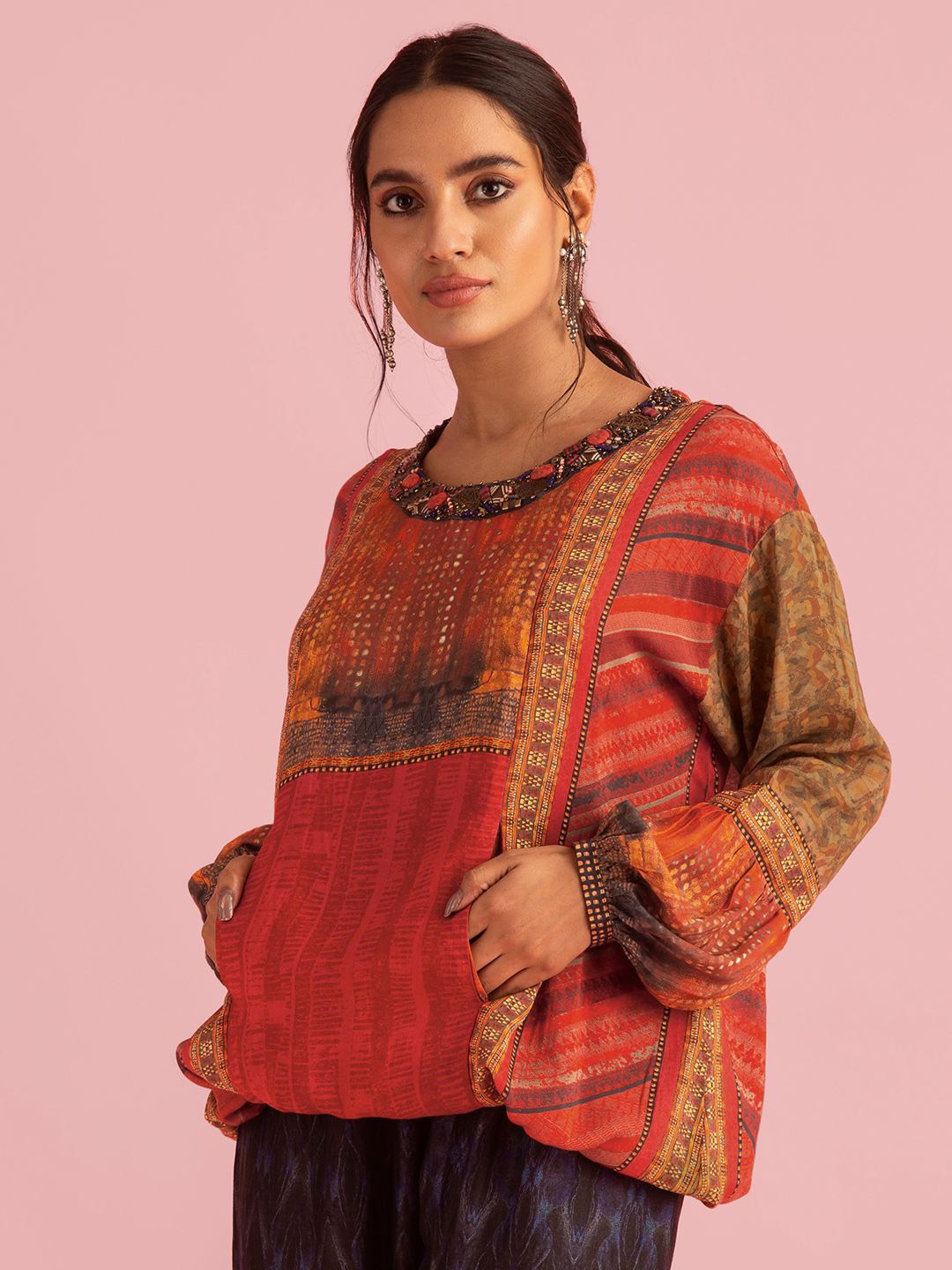 

SAUNDH Fire Boho Printed Round Neck Muslin Silk Top, Red