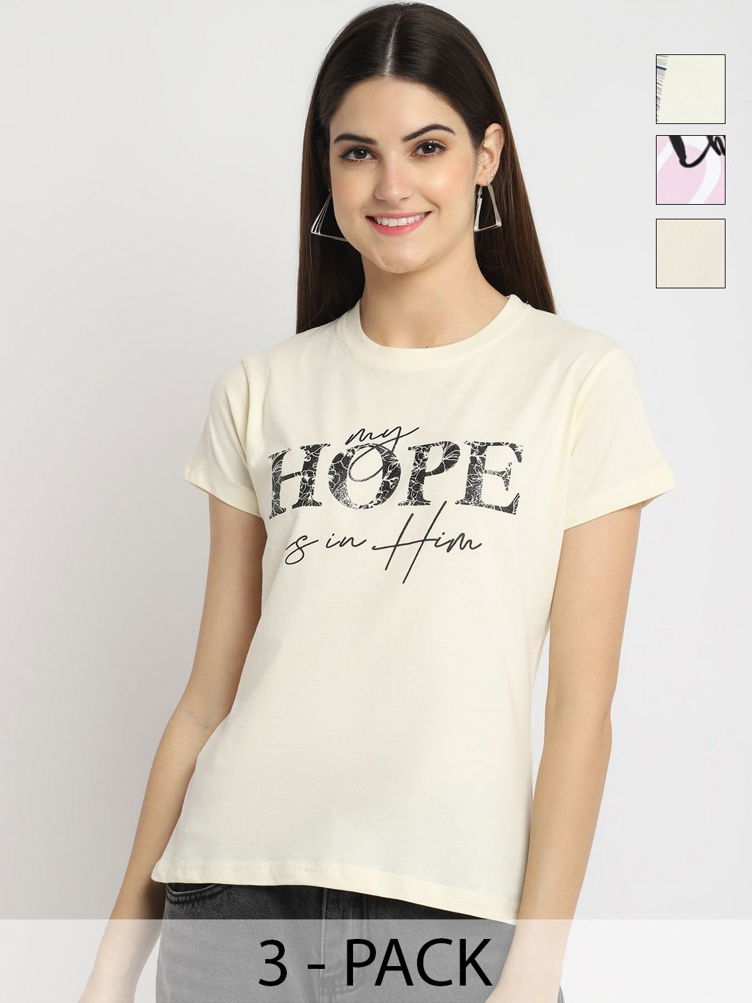 

Dreambe Women Pack Of 3 Typography Printed Round Neck Cotton T-shirts, Beige