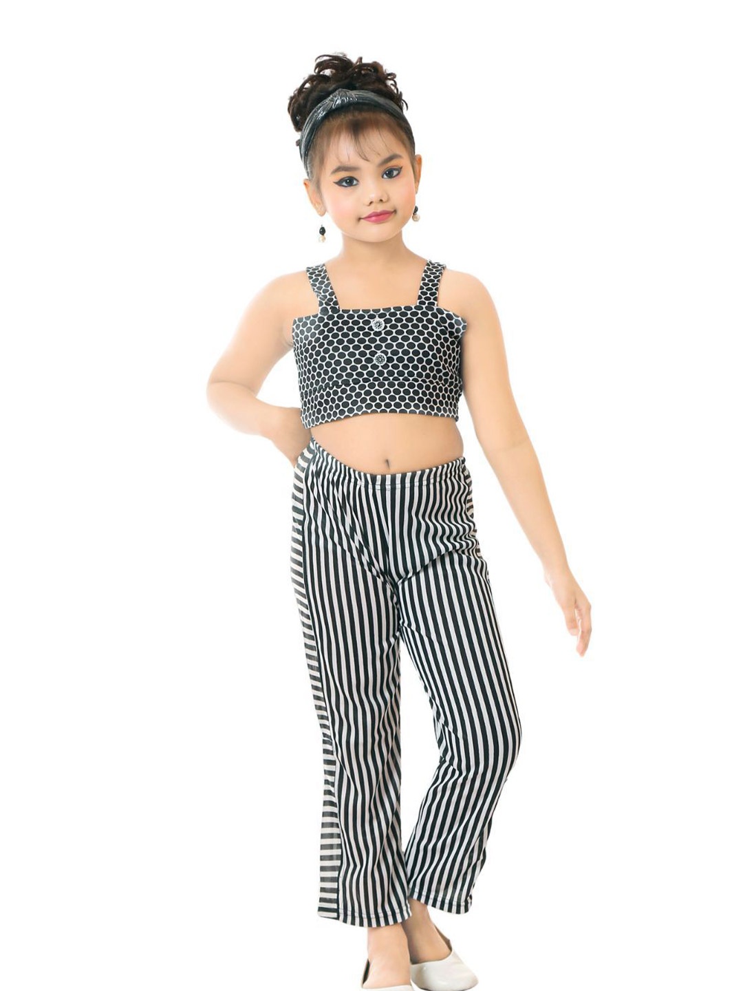 

Fessist Girls Printed Top with Trousers, Black