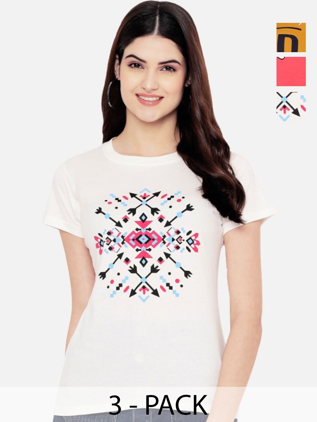 

Dreambe Women Pack Of 3 Typography Printed Round Neck Cotton T-shirts, Beige