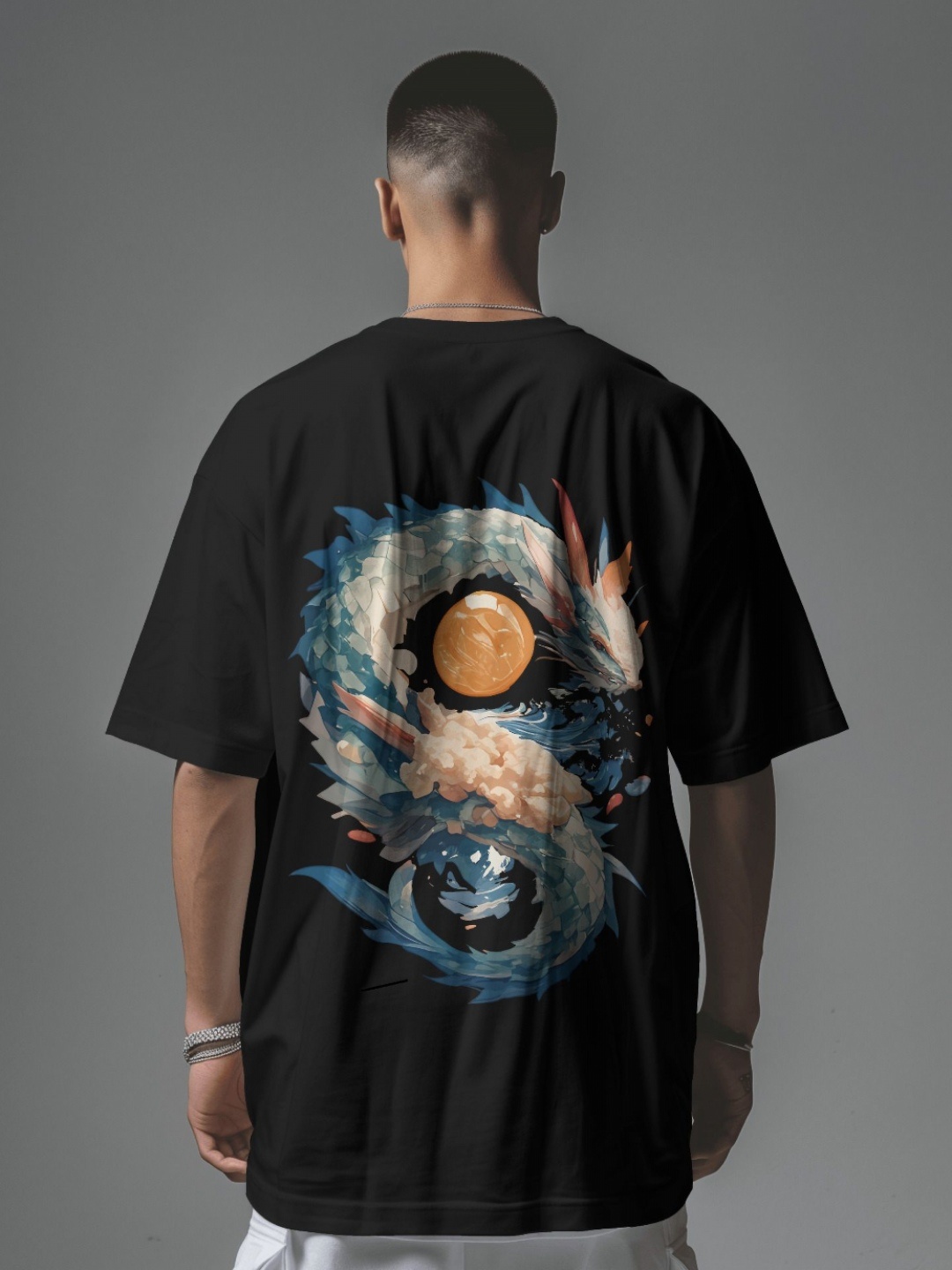 

C CALOYA Men Printed Extended Sleeves Applique T-shirt, Black