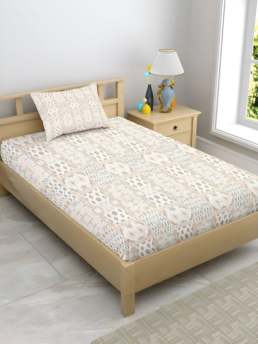 

Enchant Home Satin Glory White Printed 210 TC Cotton Single Bedsheet Set 1.5 m x 2.28 m
