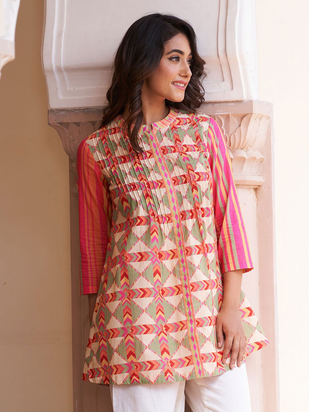 

SAUNDH Mandarin Collar Printed Ethnic Tunic, Pink