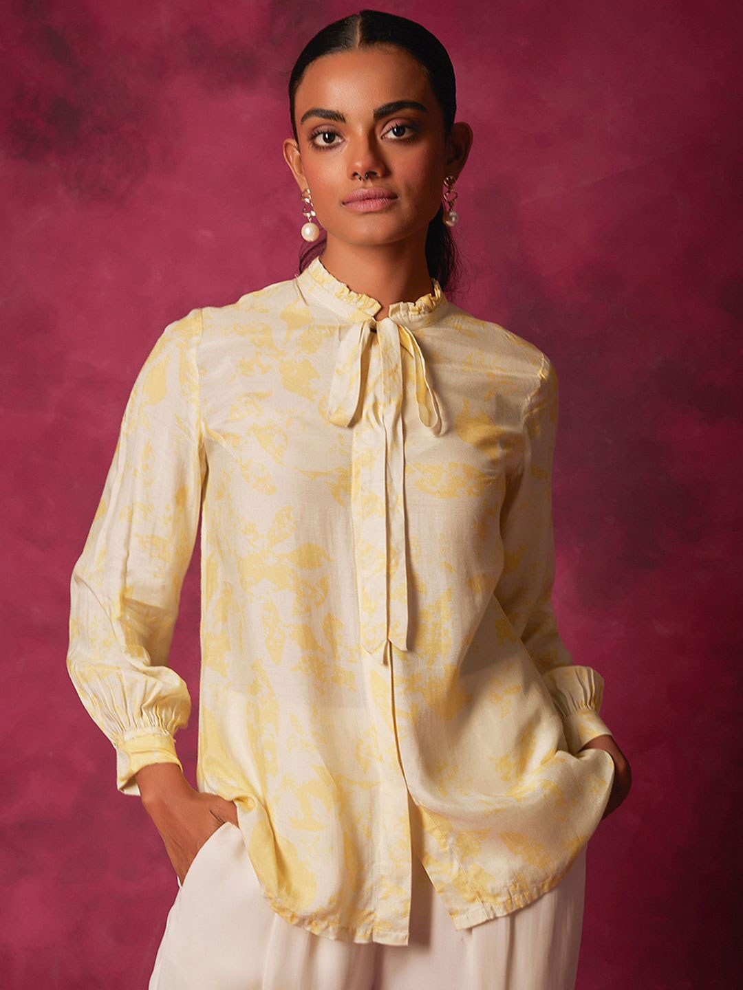 

SAUNDH Women Abstract Printed Tie-Up Neck Shirt Style Top, Off white