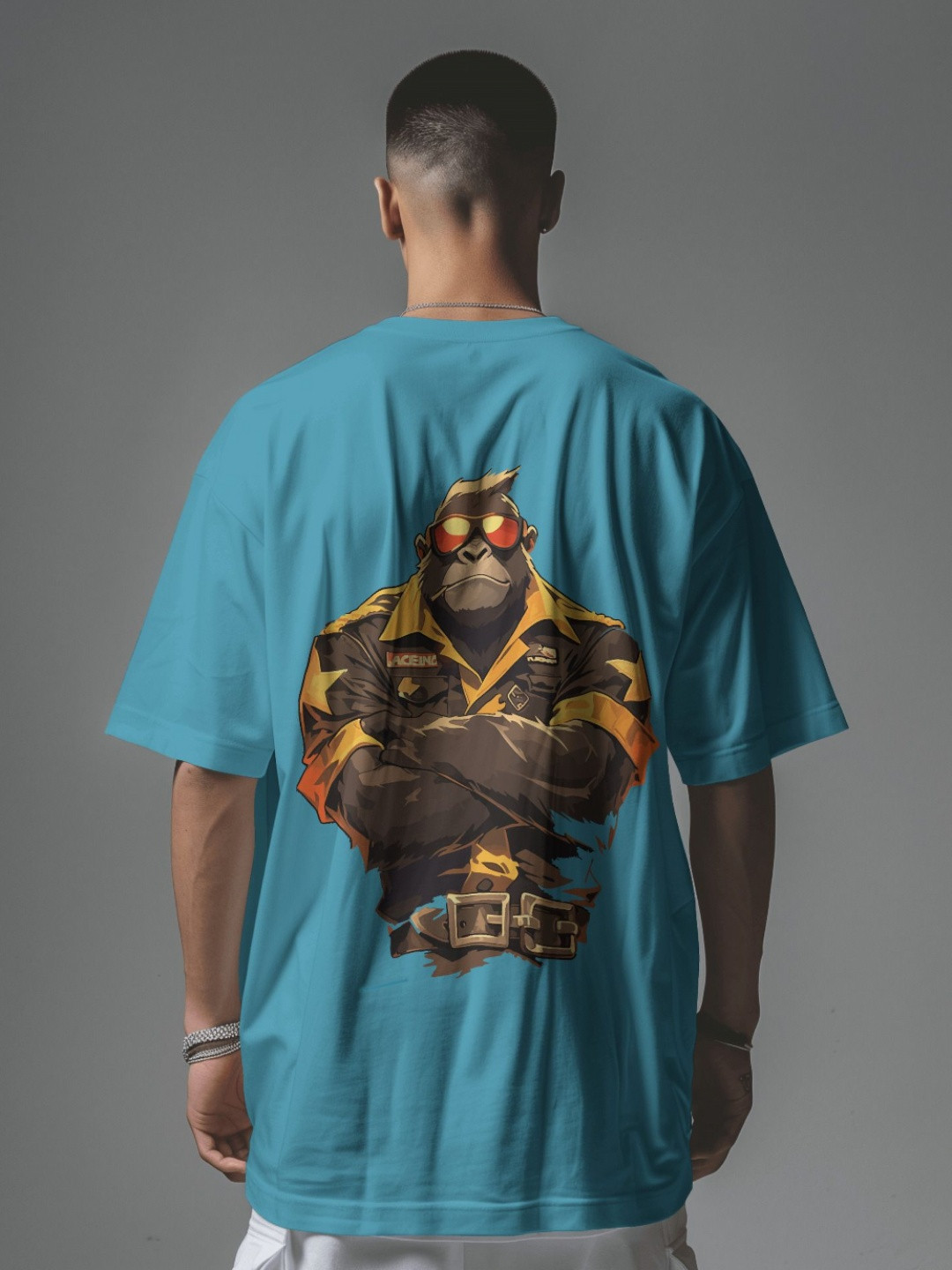 

C CALOYA Men Printed Extended Sleeves Applique T-shirt, Blue