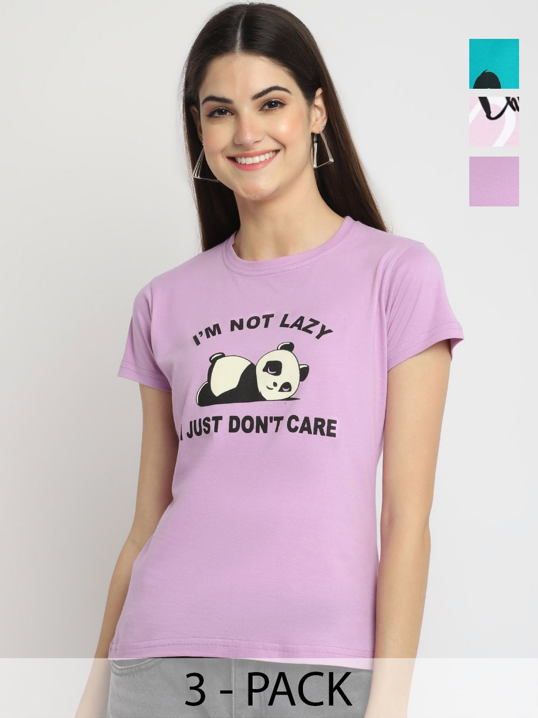 

Dreambe Women Pack Of 3 Graphic Printed Round Neck Cotton T-shirts, Purple