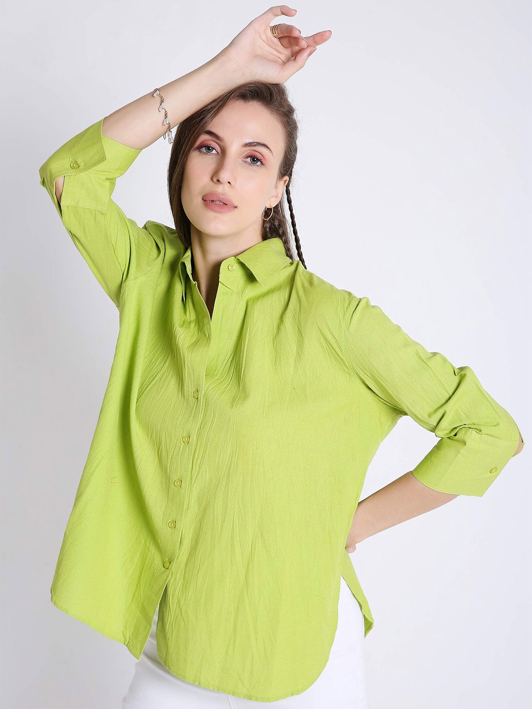 

French Theory Women Comfort Fit Spread Collar Solid Linen Casual Shirt, Green