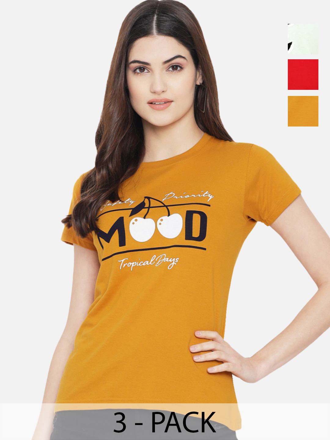 

Dreambe Women Pack Of 3 Typography Printed Round Neck Cotton T-shirts, Mustard