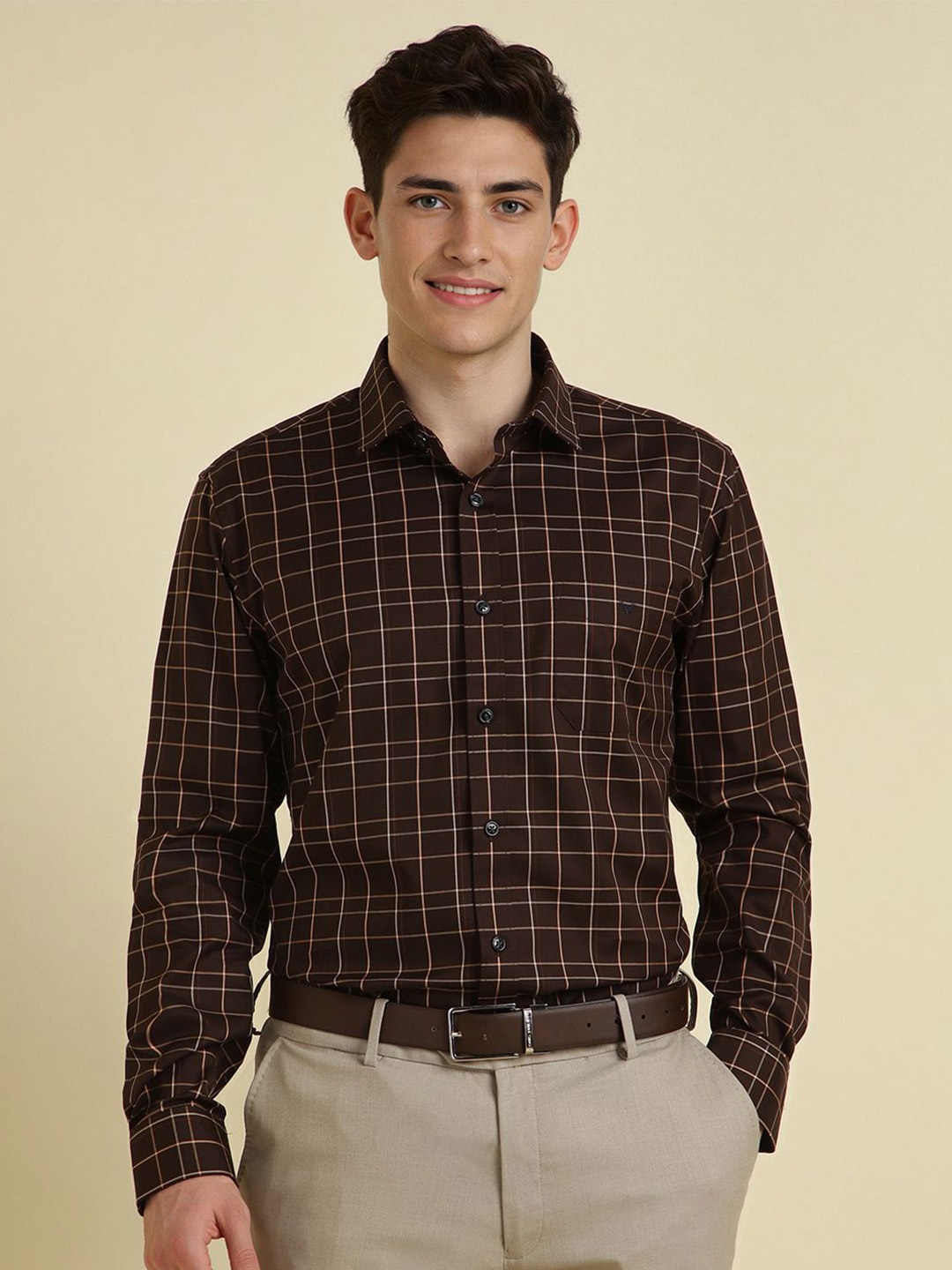 

Allen Solly Men Spread Collar Grid Tattersall Checked Cotton Formal Shirt, Brown