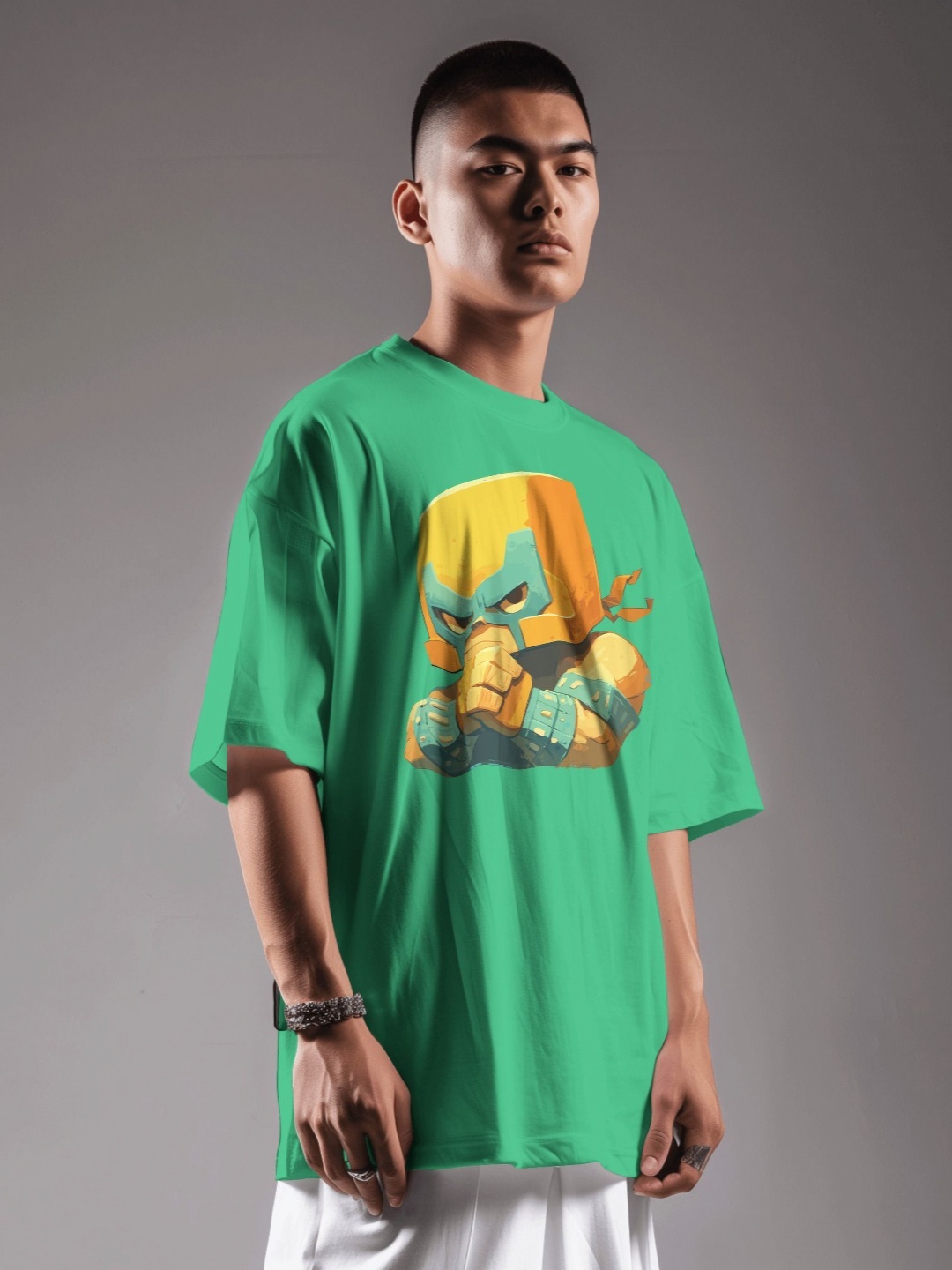 

C CALOYA Men Printed Drop-Shoulder Sleeves Applique T-shirt, Green
