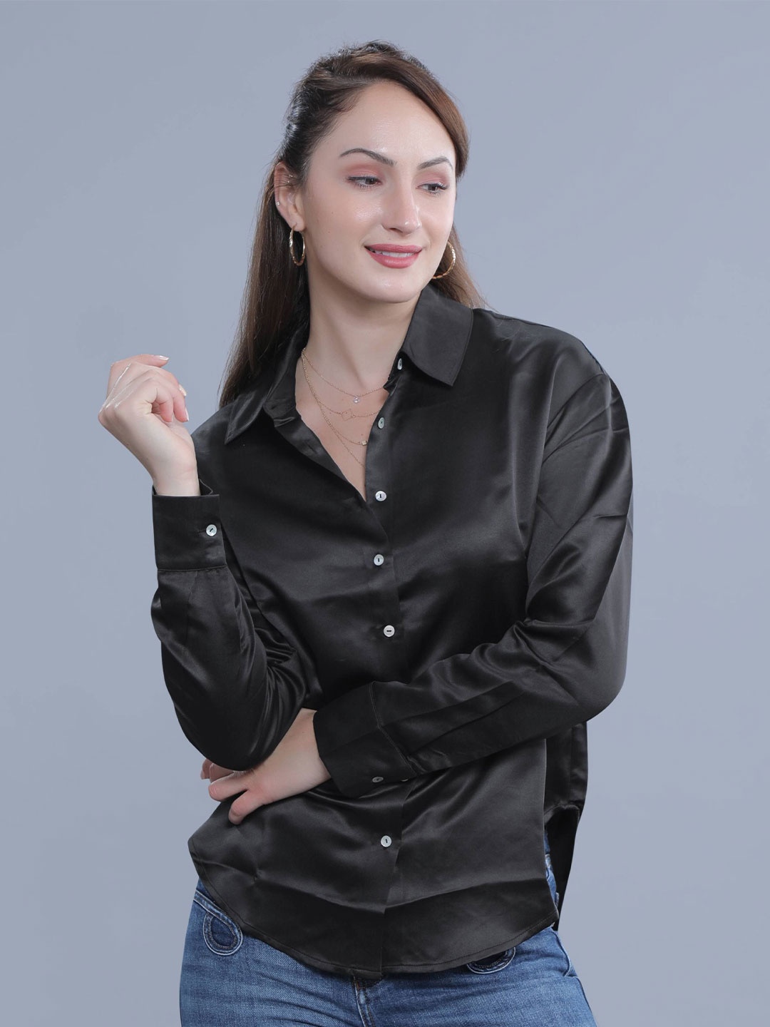 

French Theory Women Comfort Fit Spread Collar Solid Satin Casual Shirt, Black