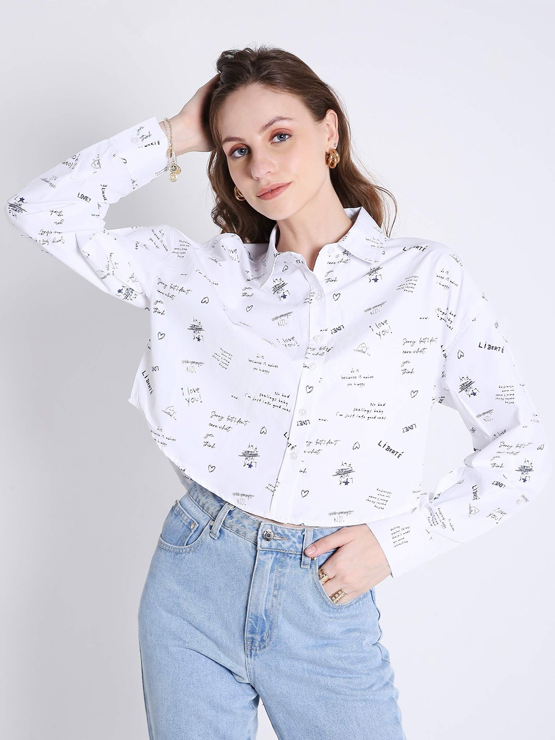 

French Theory Women Comfort Fit Spread Collar Typography Printed Cotton Casual Shirt, White