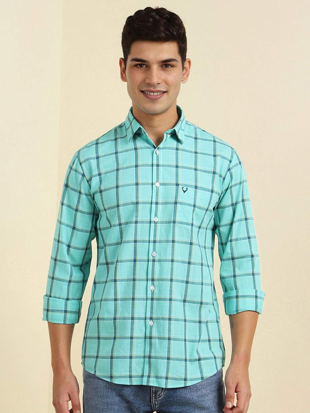 

Allen Solly Men Spread Collar Windowpane Checked Cotton Casual Shirt, Turquoise blue