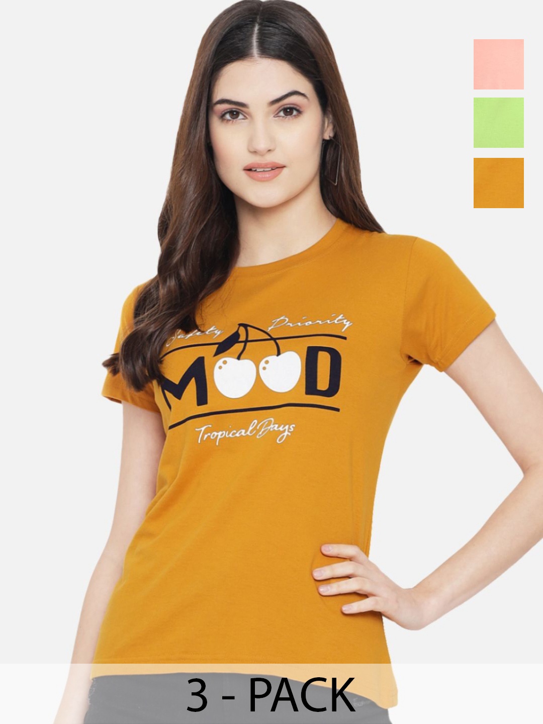 

Dreambe Women Pack Of 3 Typography Printed Round Neck Cotton T-shirts, Mustard