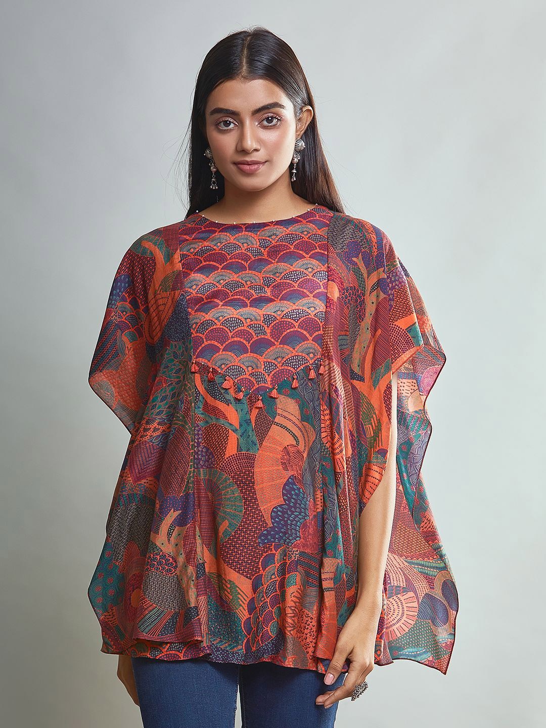 

SAUNDH Printed Kimono Sleeve Kaftan Longline Top, Orange