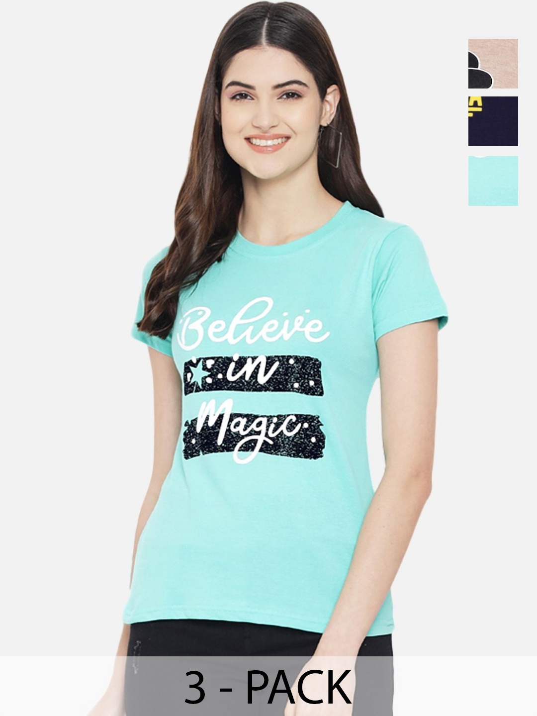 

Dreambe Women Pack Of 3 Typography Printed Round Neck Cotton T-shirts, Navy blue
