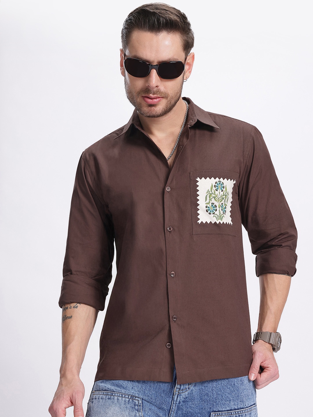 

glitchez Basics Redefined Floral Print Detail Pure Cotton Relaxed Fit Shirt, Brown
