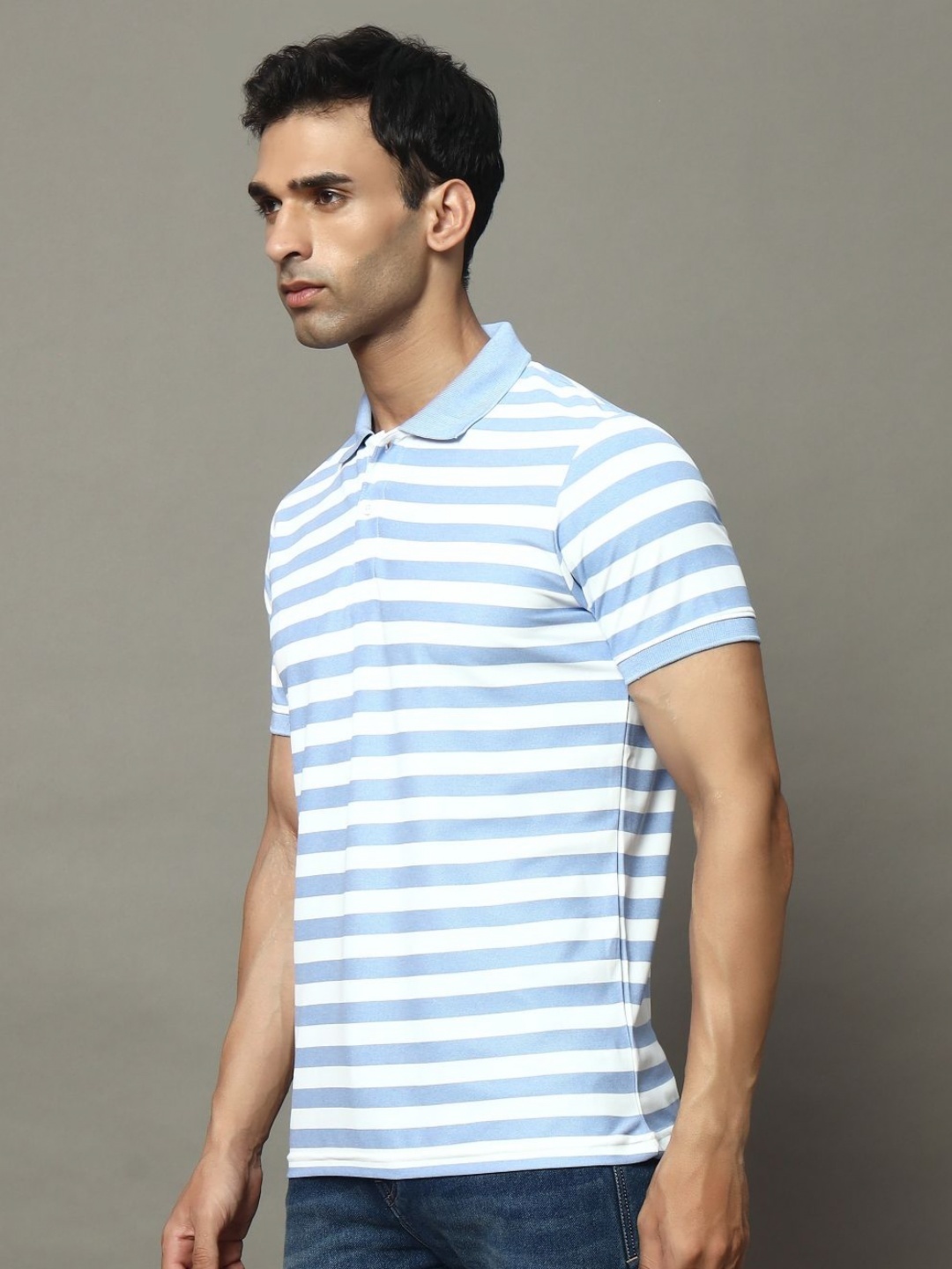 

OGEN Men Striped Polo Collar Pockets T-shirt, Blue