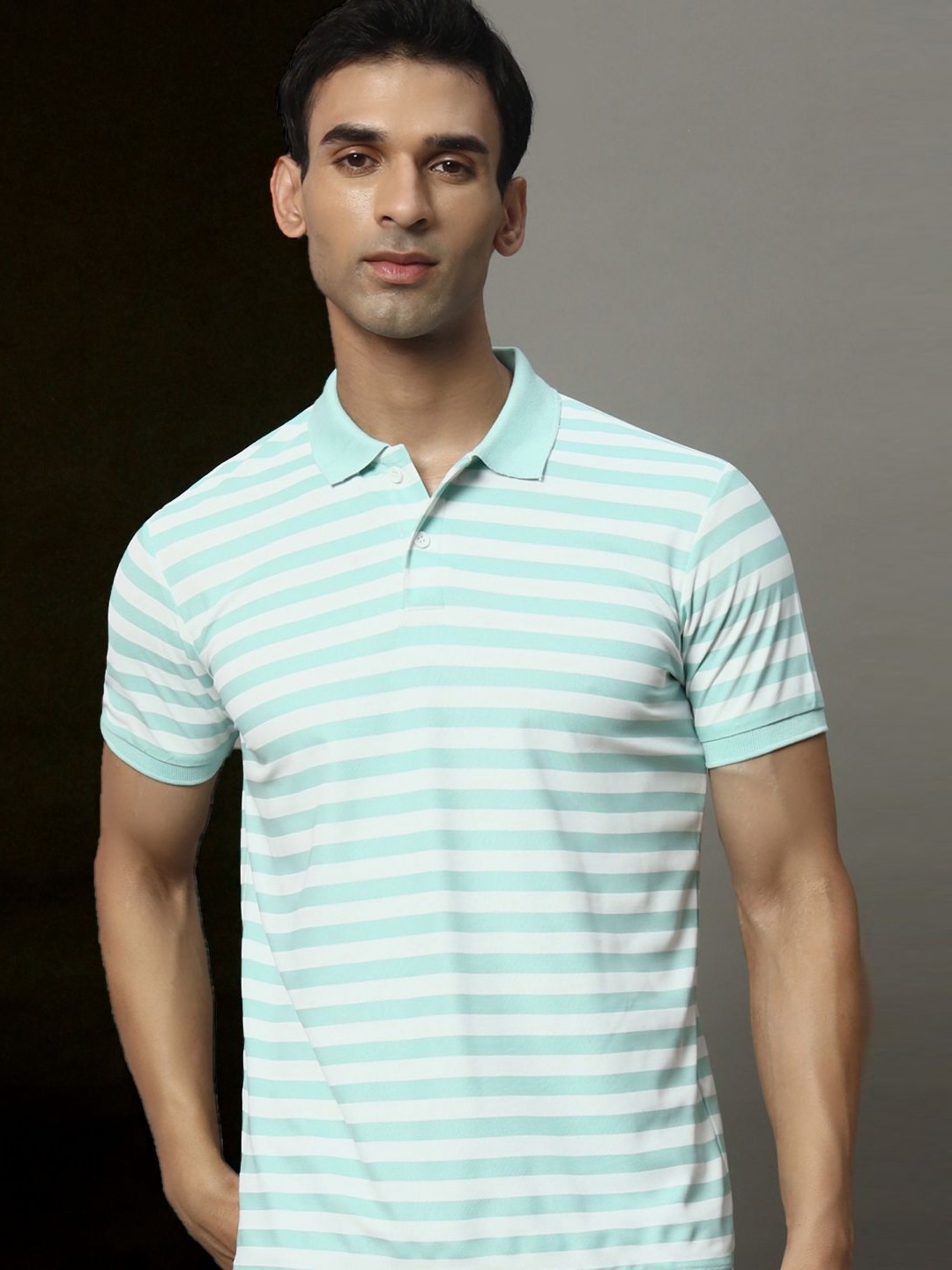 

OGEN Men Striped Polo Collar Pockets T-shirt, Sea green