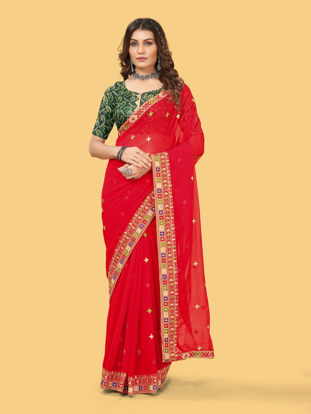 

Panzora Floral Embroidered Poly Georgette Saree, Red