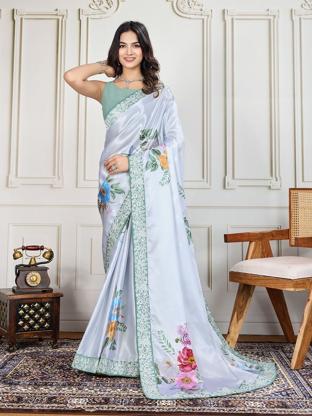 

House of Pataudi Printed Work Saree With Blouse Piece, Grey