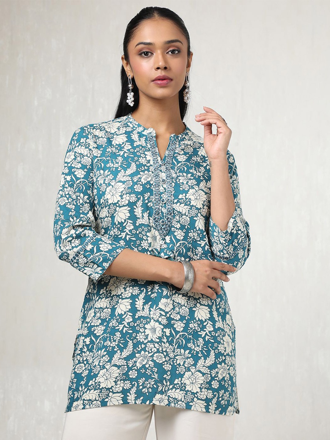 

Soch Mandarin Collar Printed Tunic, Teal
