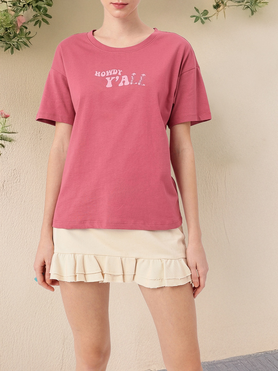 

DressBerry Modern Charm Typography Printed Oversized T-shirts, Rose