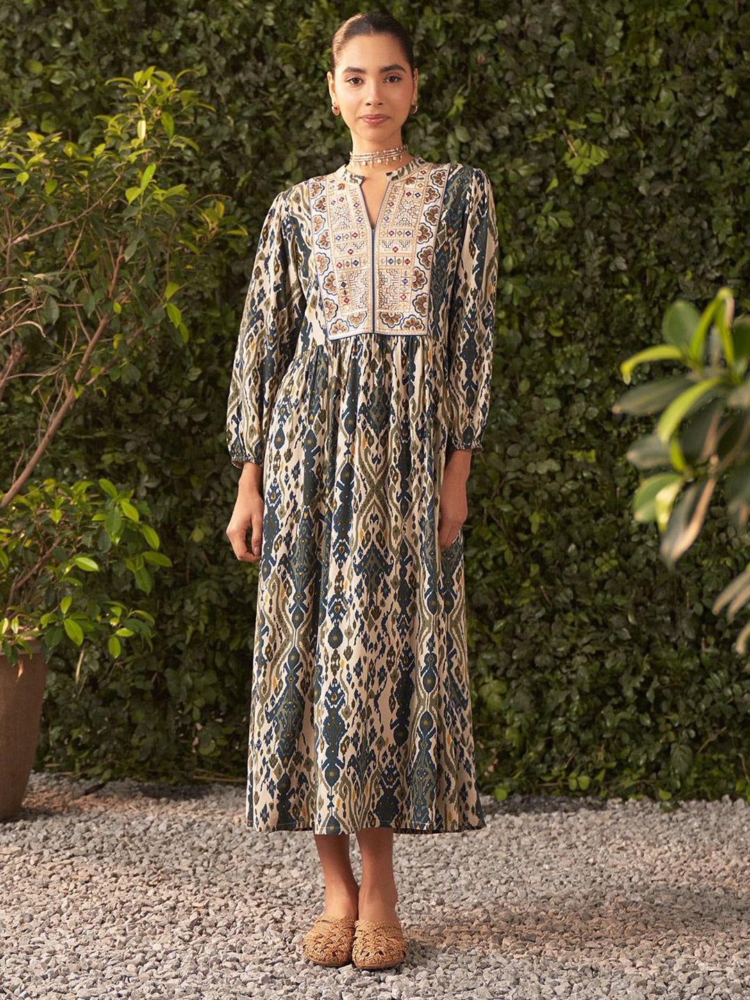 

Lakshita Blue Printed Rayon Flared Dress for Women