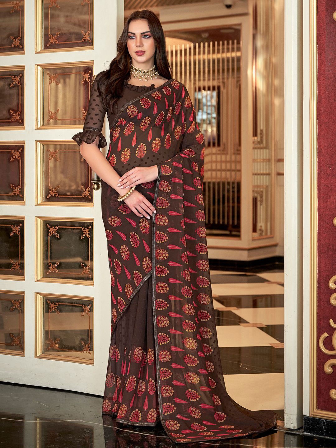 

Anouk Rustic Floral Poly Georgette Bagh Saree, Brown