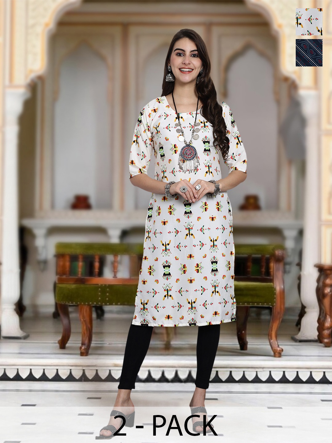 

Moda Rapido Selection Of 2 Geometric Printed Round Neck Straight Kurta, White