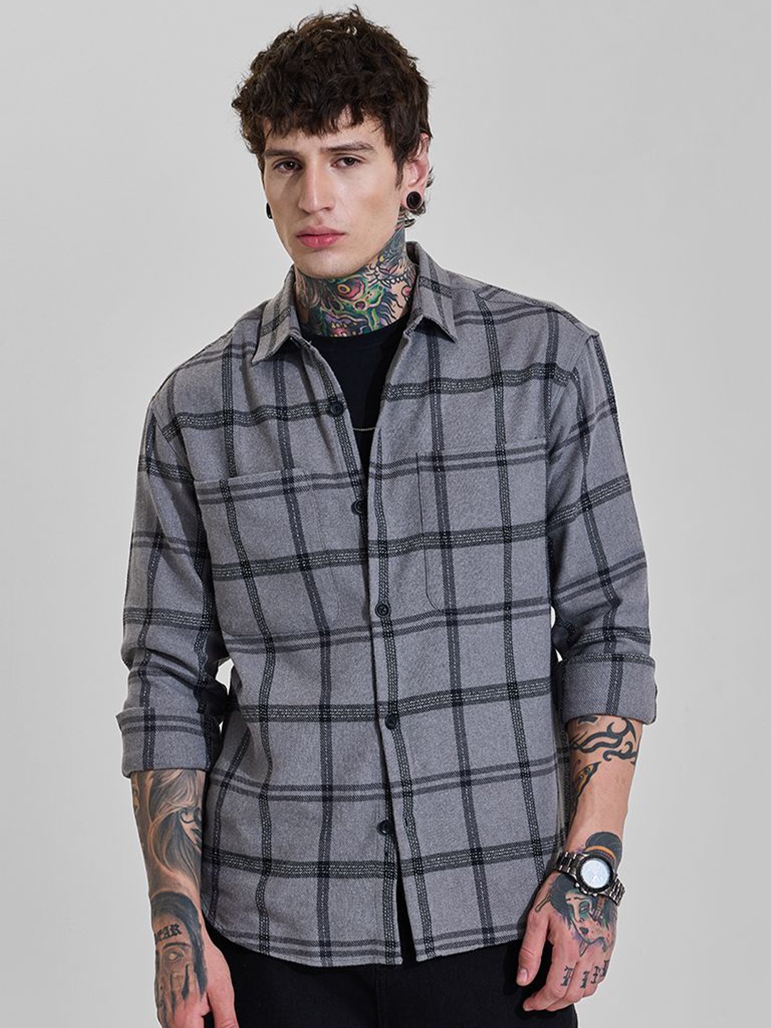 

Snitch Men Opaque Checked Casual Shirt, Grey