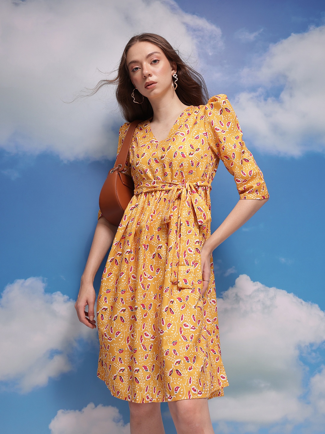 

CORSICA Floral Print V-Neck Puff Sleeves Tie-Ups A-Line Dress, Mustard