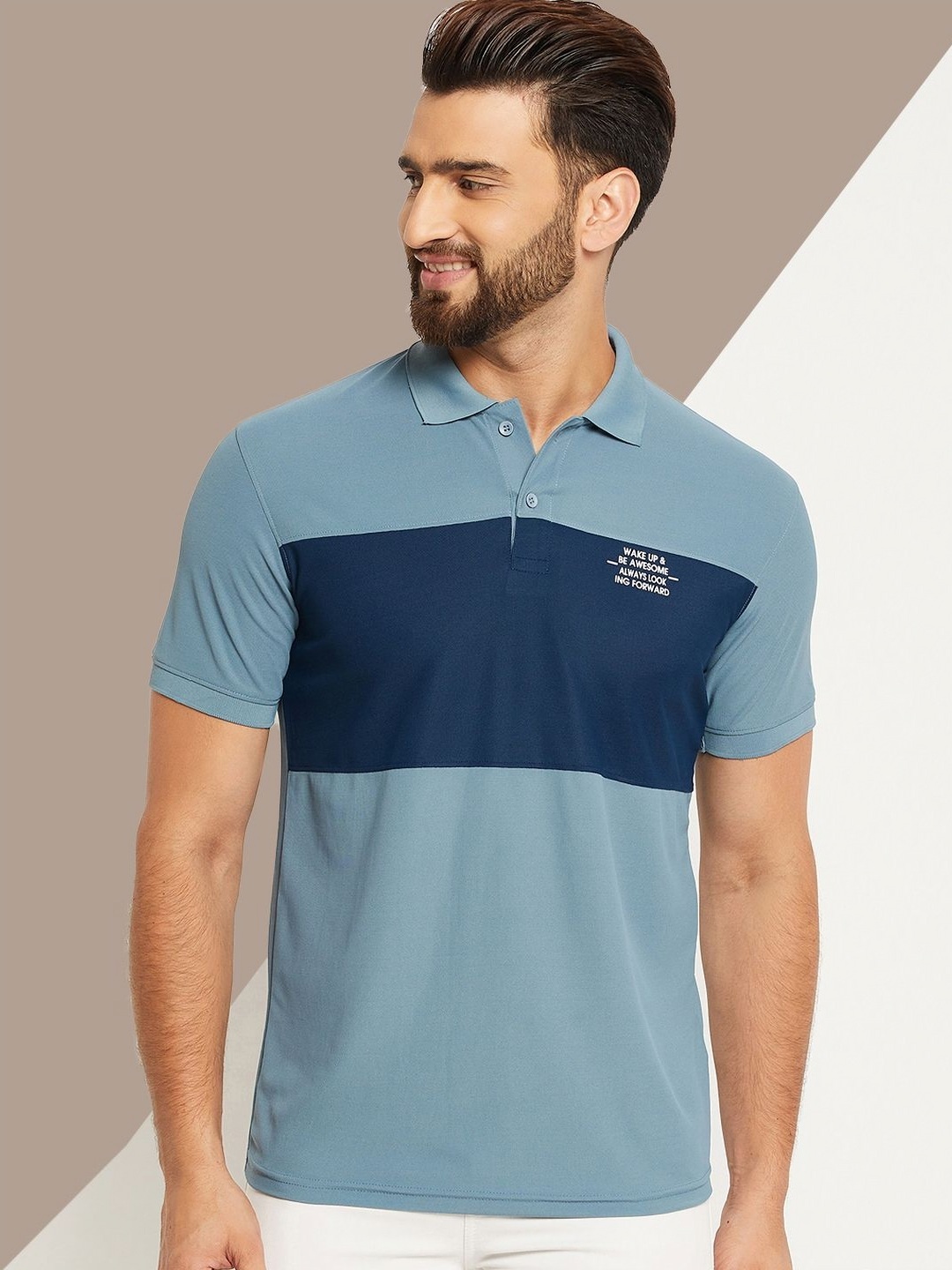 

OGEN Men Colourblocked Polo Collar Applique T-shirt, Navy blue