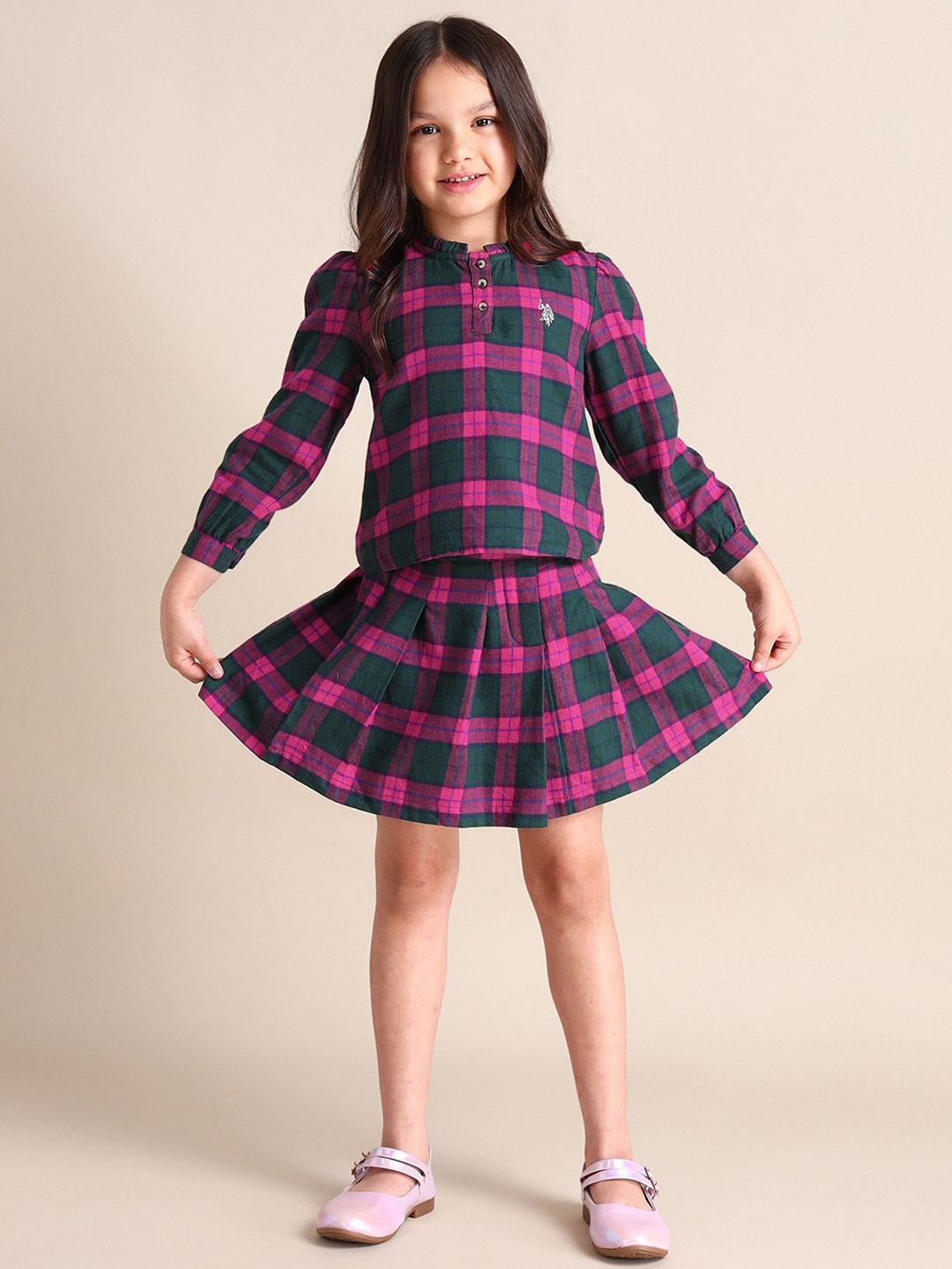 

U.S. Polo Assn. Kids Girls Checked Pure Cotton Pleated Skirt, Pink
