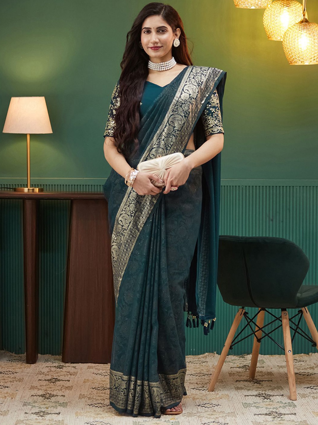 

all about you Woven Design Zari Pure Georgette Banarasi Saree, Green