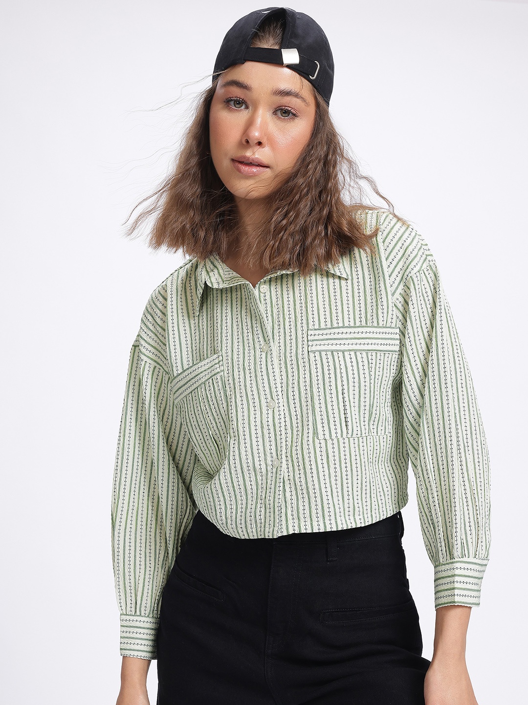 

glitchez Floral Fantasy Printed Seersucker Relaxed Fit Cropped Shirt, Green
