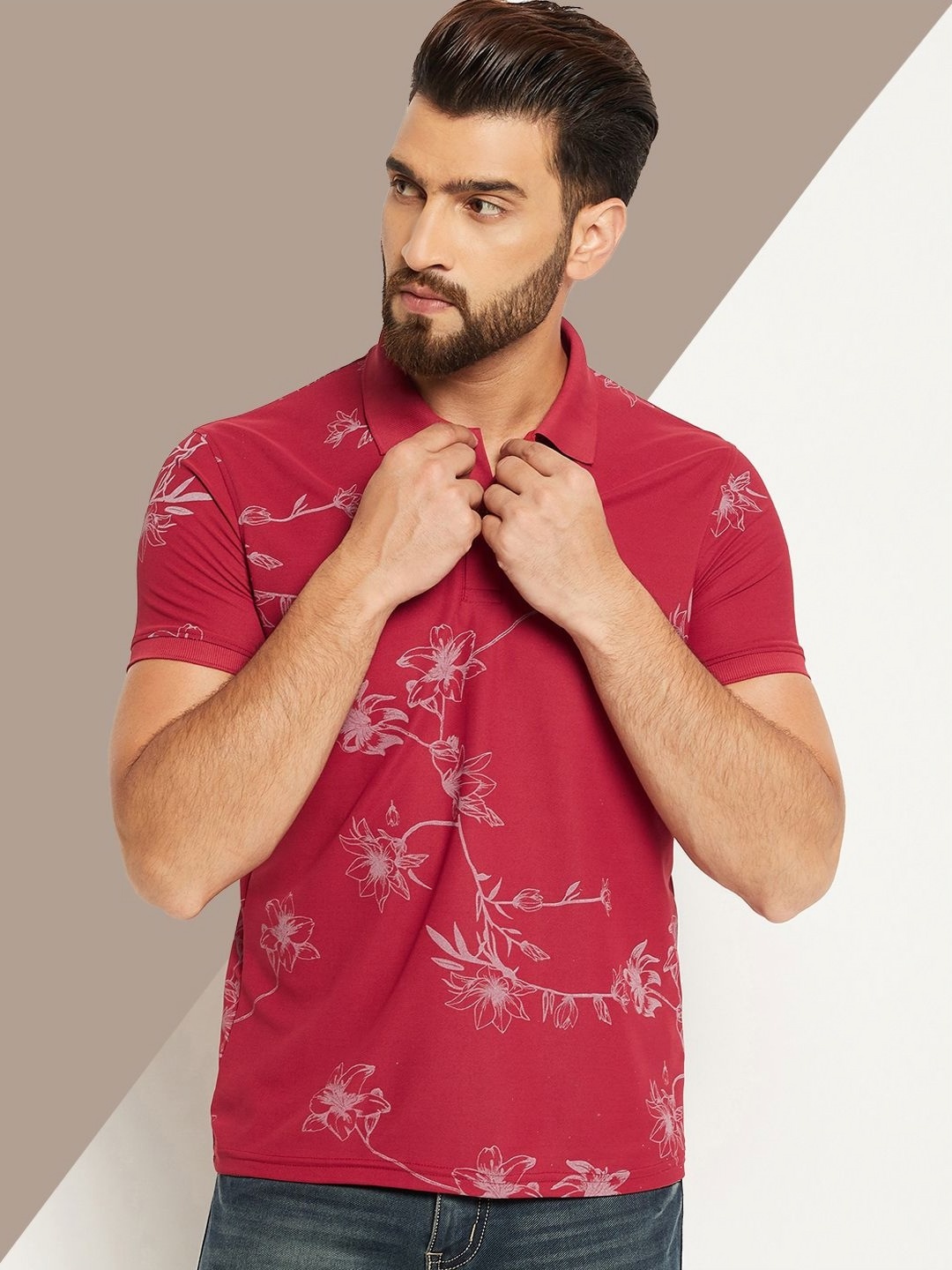 

OGEN Men Printed Polo Collar T-shirt, Maroon