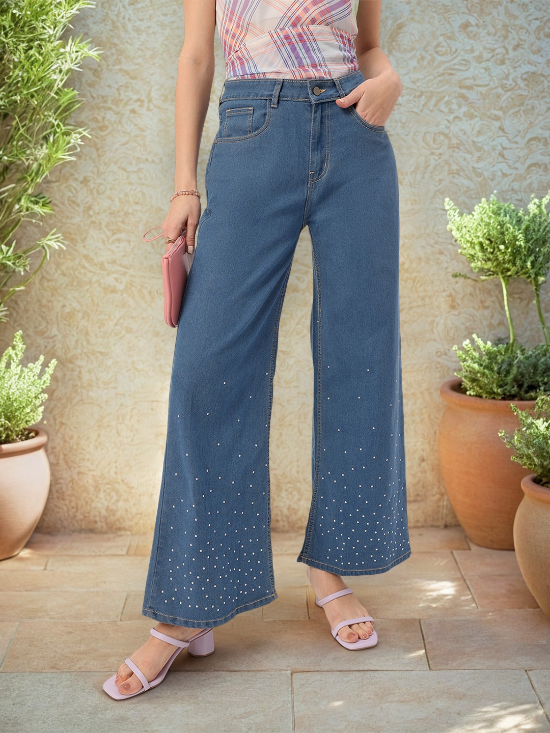 

DressBerry Glam Women Studded Sensation Wide Leg Jeans, Blue