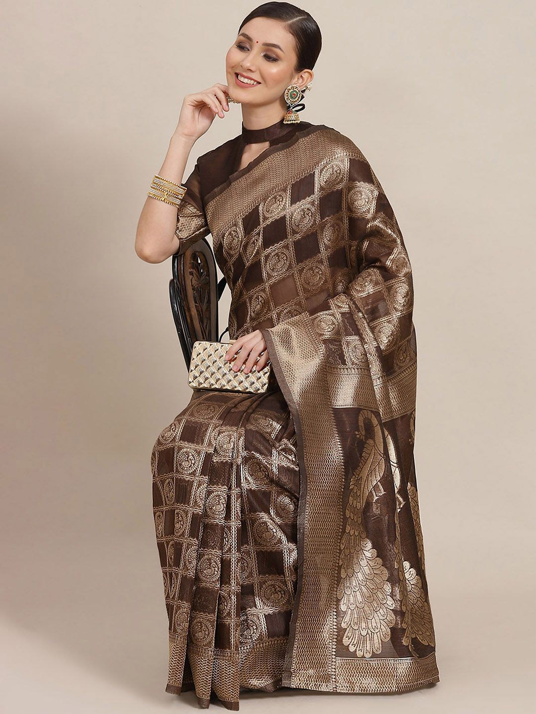 

Anouk Rustic Kalamkari Zari Patola Saree, Brown