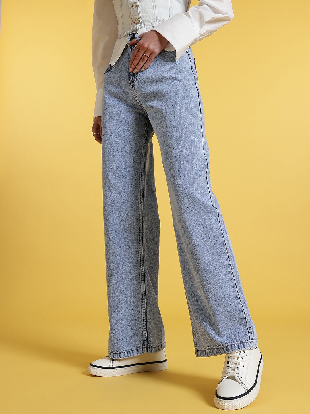 

glitchez Women Everyday Denim Wide Leg Faded Jeans, Blue