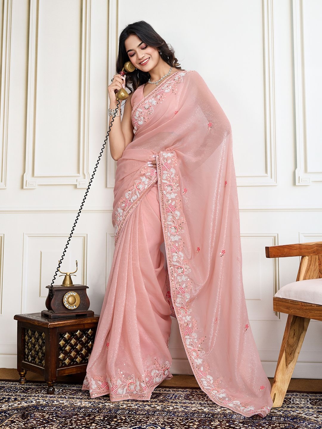 

House of Pataudi Embroidered Saree With Blouse, Peach