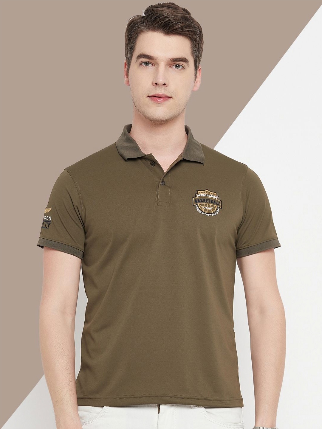 

OGEN Men Polo Collar Applique T-shirt, Olive