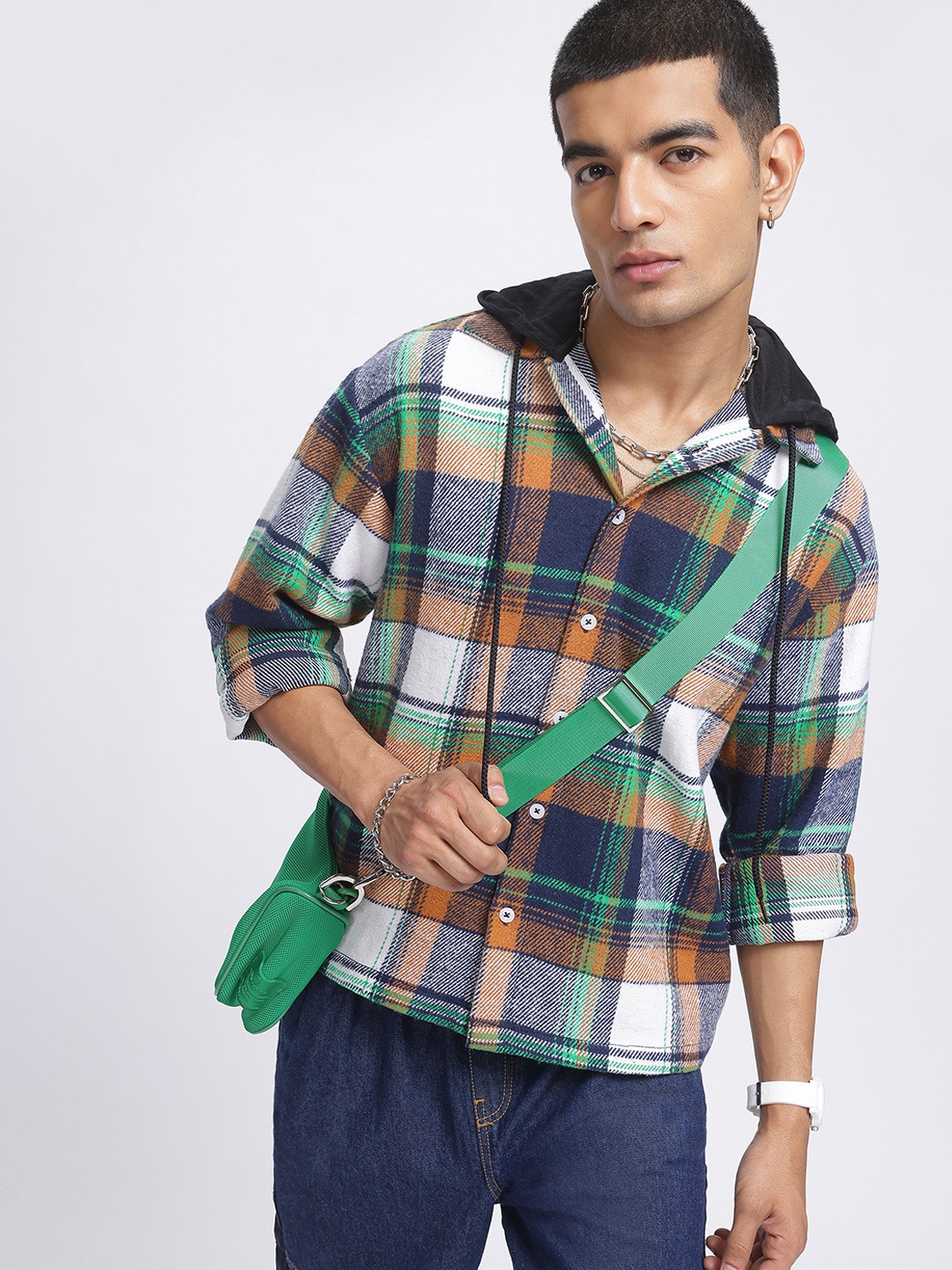

glitchez Classic Tartan Checked Oversized Opaque Casual Shirt, White