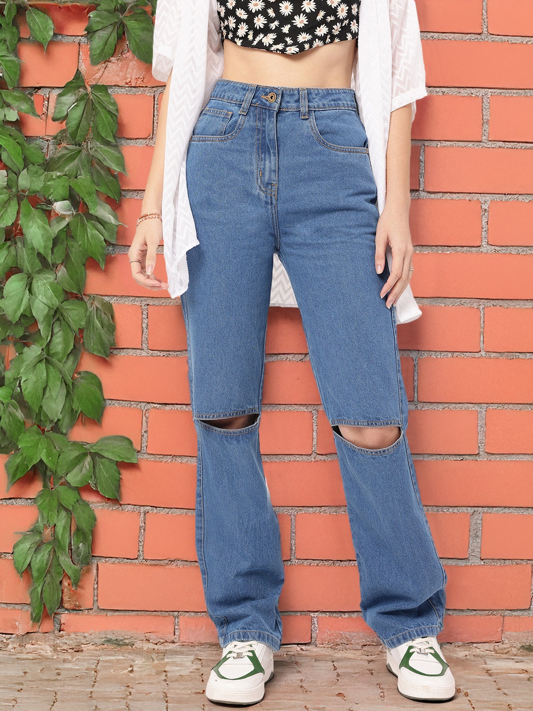 

DressBerry Women Urban Utopia Pure Cotton Straight Fit Slash Knee Jeans, Blue