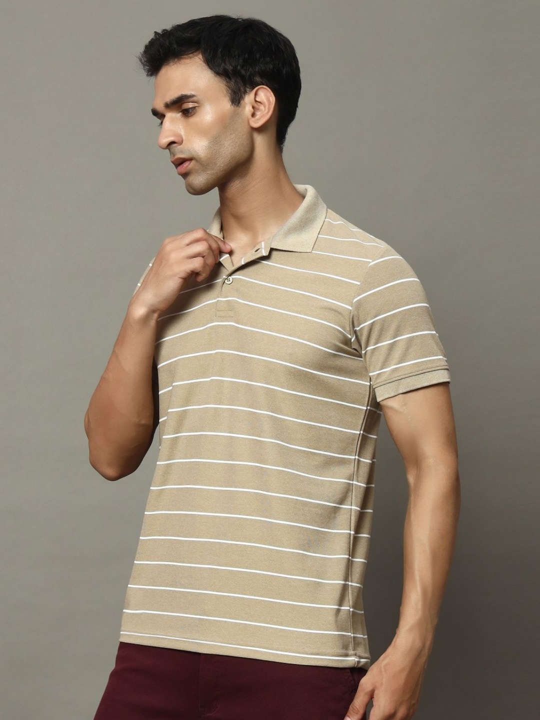 

OGEN Men Striped Polo Collar Pockets T-shirt, Beige