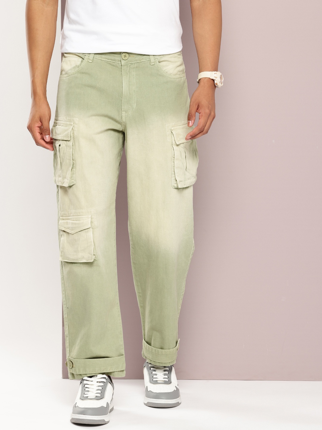 

Kook N Keech Men Tie and Dye Straight Fit Pure Cotton Cargos Trousers, Green