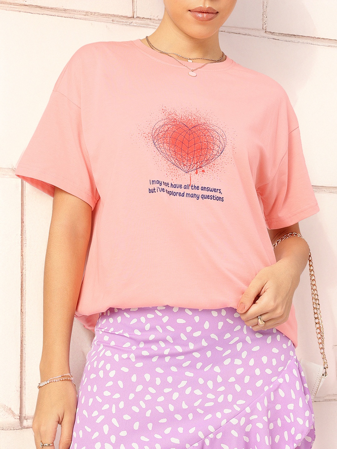 

DressBerry Curious Journo Graphic Print Oversized T-shirt, Peach